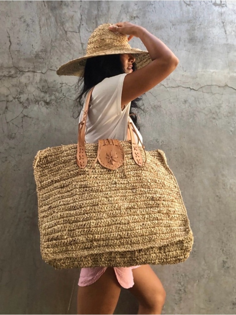 New STYLE PARK1 Woven Raffia Straw Leather Beach Bag XL Tote